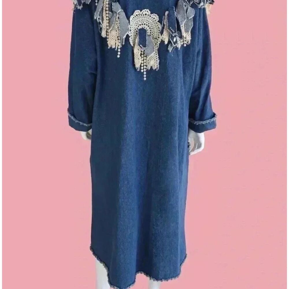 Denim Maxi Duster Coat Patchwork Boho Western Festival Fringe Rare Large - Picture 4 of 6
